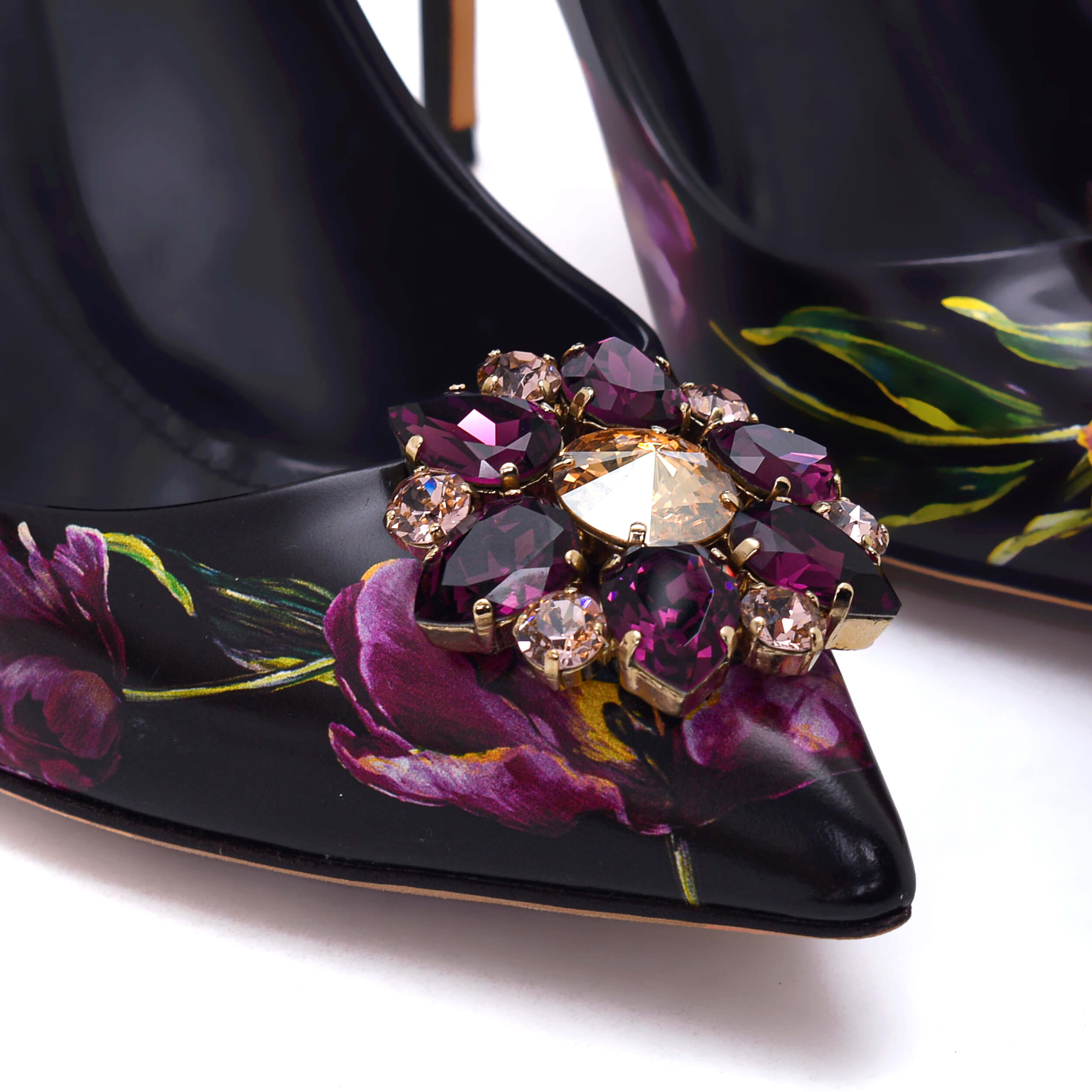 Dolce Gabbana- Black multi Viola Jewelled Tulip print Leather Pumps